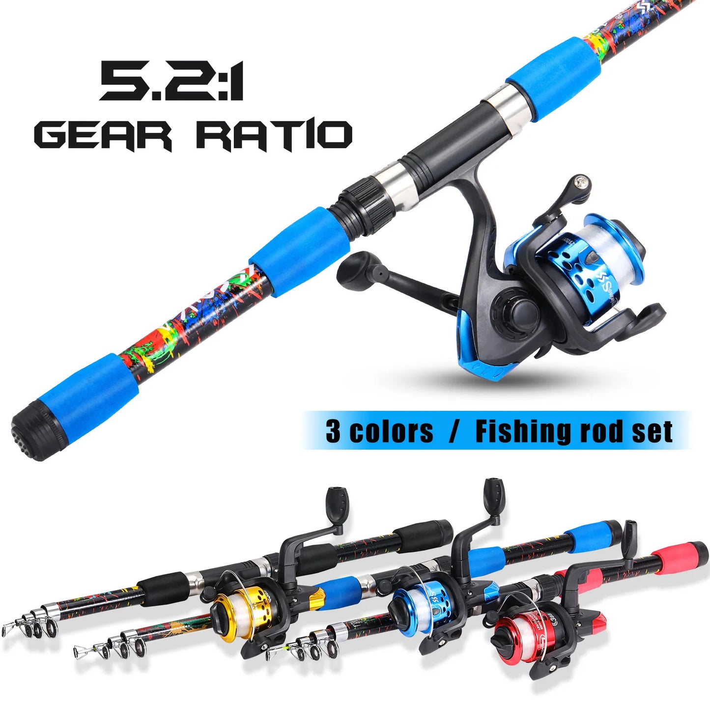Spinning Fishing Pole Set Full Kit With 1.8M Telescopic Glass Fiber Fishing Rod And 5.2:1 Reel Travel Set