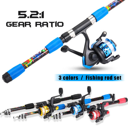 Spinning Fishing Pole Set Full Kit With 1.8M Telescopic Glass Fiber Fishing Rod And 5.2:1 Reel Travel Set