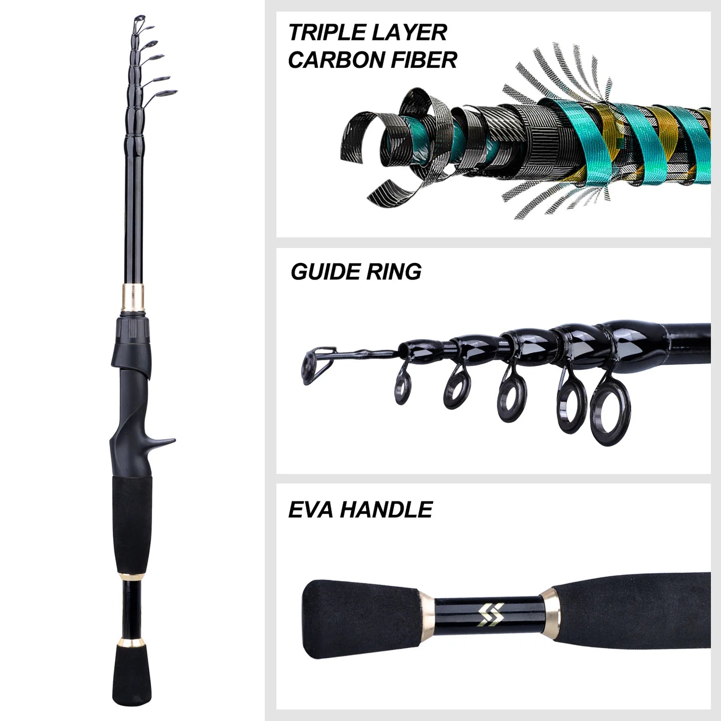 1.8-2.4m Casting Fishing Combo Telescopic lightweight Carbon Fishing Rod and 7.2:1 High Speed Fishing Reel